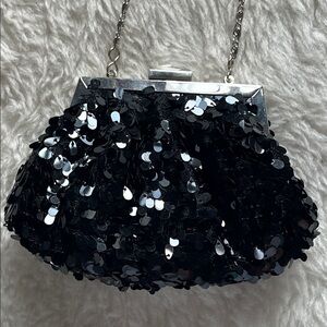 Jessica McClintock Elegant Black Sequin kiss lock Evening Bag